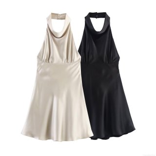 Women's Sexy Satin Halter Neck Mini Dress Elegant Backless A-Line Party Cocktail Dress with Back Bow Detail Sleeveless Night Out Wear