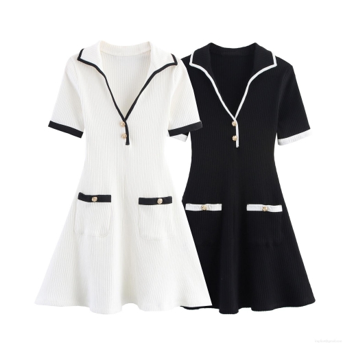 Women's Knit Ribbed Short Sleeve Mini Dress Elegant Contrast Trim V Neck Polo Dress With Metal Buttons Slim Fit Bodycon Summer Dress For Ladies