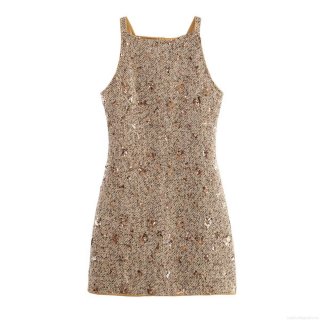 Women Sexy Sequin Tweed Strappy Mini Dress Champagne Gold Off-Shoulder Sleeveless Bodycon Party Dress For Evening Banquet Lady Elegant Dress