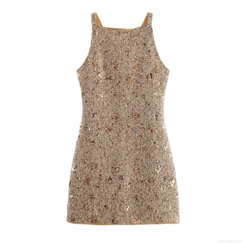 Women Sexy Sequin Tweed Strappy Mini Dress Champagne Gold Off-Shoulder Sleeveless Bodycon Party Dress For Evening Banquet Lady Elegant Dress