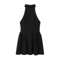 Women Halter Neck Sleeveless Ruched Mini Dress Sexy Slim Fit Backless High Waist Solid Color Polyester A-Line Cocktail Party Dress
