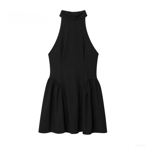 Women Halter Neck Sleeveless Ruched Mini Dress Sexy Slim Fit Backless High Waist Solid Color Polyester A-Line Cocktail Party Dress