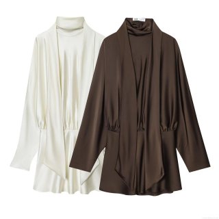 Elegant Silk Satin Texture High Neck Mini Dress Long Sleeve Pleated Draped Slim Fit Polyester Women Party Cocktail Evening Solid Color Short Dress