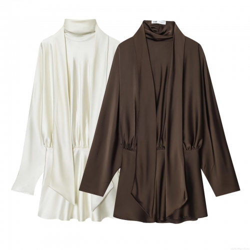 Elegant Silk Satin Texture High Neck Mini Dress Long Sleeve Pleated Draped Slim Fit Polyester Women Party Cocktail Evening Solid Color Short Dress