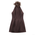 Women's Elegant Halter Neck Mini Dress Feather Trim Satin Look Stretch Bodycon Backless Coffee Brown Sleeveless Party Banquet Dress