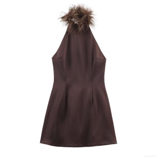 Women's Elegant Halter Neck Mini Dress Feather Trim Satin Look Stretch Bodycon Backless Coffee Brown Sleeveless Party Banquet Dress
