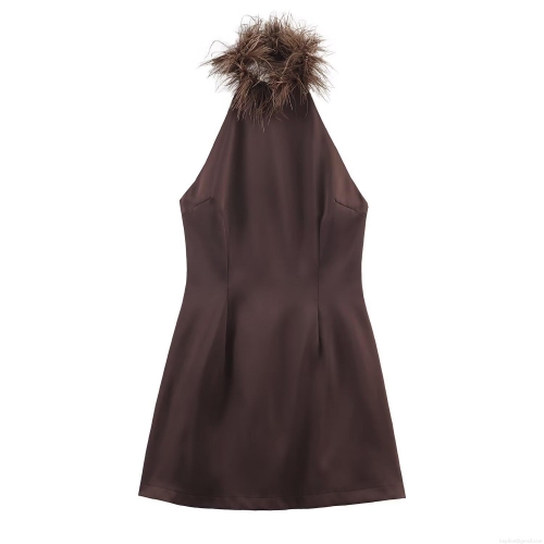 Women's Elegant Halter Neck Mini Dress Feather Trim Satin Look Stretch Bodycon Backless Coffee Brown Sleeveless Party Banquet Dress