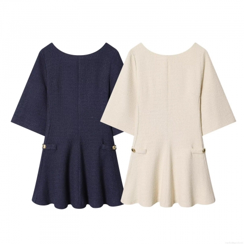 Elegant Women Tweed A-Line Mini Dress Round Neck Half Sleeve With Gold Buttons For Party Office Office Lady Style Short Dress