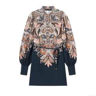 Women's Bohemian Paisley Print Long Sleeve Mini Dress Elegant Stand Collar Drawstring Waist Navy Blue Polyester Dress For Party Vacation Women