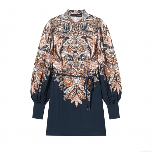 Women's Bohemian Paisley Print Long Sleeve Mini Dress Elegant Stand Collar Drawstring Waist Navy Blue Polyester Dress For Party Vacation Women