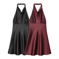 Elegant Women's Satin Halter Backless Mini Dress Solid Color Pleated A-Line Party Cocktail Dress For Wedding Guest Socialite Sexy Evening Dress