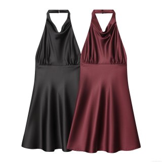 Elegant Women's Satin Halter Backless Mini Dress Solid Color Pleated A-Line Party Cocktail Dress For Wedding Guest Socialite Sexy Evening Dress