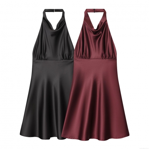 Elegant Women's Satin Halter Backless Mini Dress Solid Color Pleated A-Line Party Cocktail Dress For Wedding Guest Socialite Sexy Evening Dress
