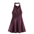 Sexy Backless Halter Neck Satin Mini Dress Women Slim Fit A-Line Short Party Dress Solid Color Sleeveless Elegant Clubwear Evening Gown