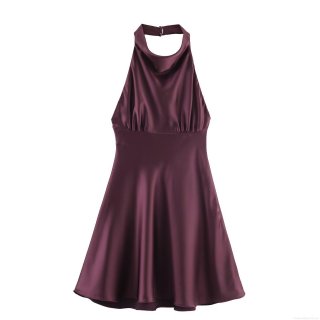 Sexy Backless Halter Neck Satin Mini Dress Women Slim Fit A-Line Short Party Dress Solid Color Sleeveless Elegant Clubwear Evening Gown