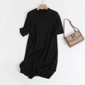Women Casual Minimalist Viscose Nylon Ribbed Knit Dress With Side Buttons Round Neck Short Sleeve Loose A-Line Midi Dress For Daily Wear