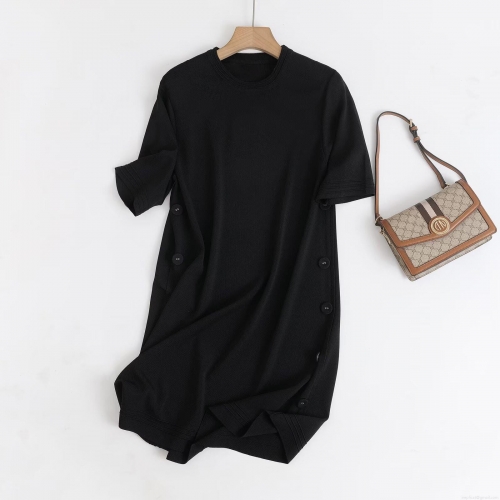 Women Casual Minimalist Viscose Nylon Ribbed Knit Dress With Side Buttons Round Neck Short Sleeve Loose A-Line Midi Dress For Daily Wear