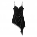 Women Sexy Black Velvet Lace Trim Slip Dress Elegant Deep V Neck Asymmetrical Hem Bodycon Mini Dress For Party Club Night Out Lady