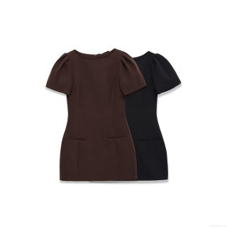 Women's Casual Short Sleeve Mini Dress Elegant Solid Color Round Neck Puff Sleeve Dress with Pleated Pockets Back Zipper Slim Fit Short Dress for Daily Dating Women