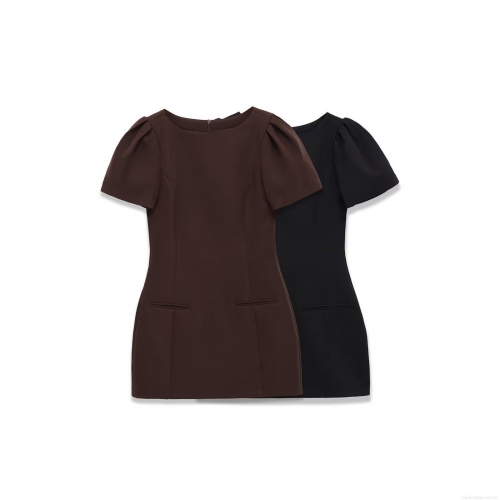 Women's Casual Short Sleeve Mini Dress Elegant Solid Color Round Neck Puff Sleeve Dress with Pleated Pockets Back Zipper Slim Fit Short Dress for Daily Dating Women