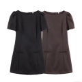Women's Short Sleeve Mini Dress Elegant Round Neck Pleated Polyester Casual Bodycon Dress With Pockets For Women Ladies Daily Fashion Outfit
