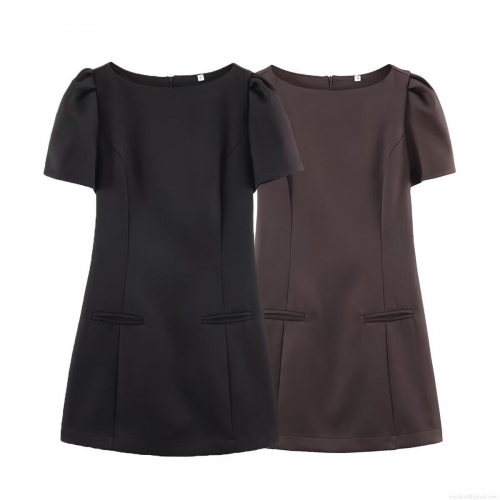 Women's Short Sleeve Mini Dress Elegant Round Neck Pleated Polyester Casual Bodycon Dress With Pockets For Women Ladies Daily Fashion Outfit