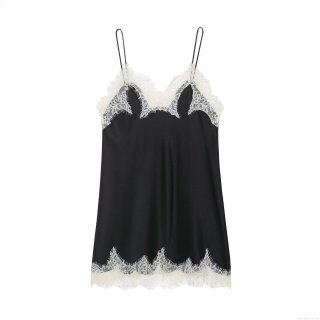 Women's Sexy Black Satin Mini Slip Dress With White Eyelash Lace Trim Spaghetti Strap V-Neck Sleeveless Chemise Nightgown For Party Clubwear