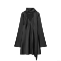 Elegant Scarf Neck Satin Mini Dress For Women Long Sleeve Flare Sleeve Silk Like Polyester A-Line Party Club Dress Solid Black Coffee