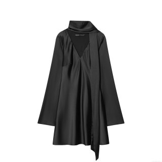 Elegant Scarf Neck Satin Mini Dress For Women Long Sleeve Flare Sleeve Silk Like Polyester A-Line Party Club Dress Solid Black Coffee