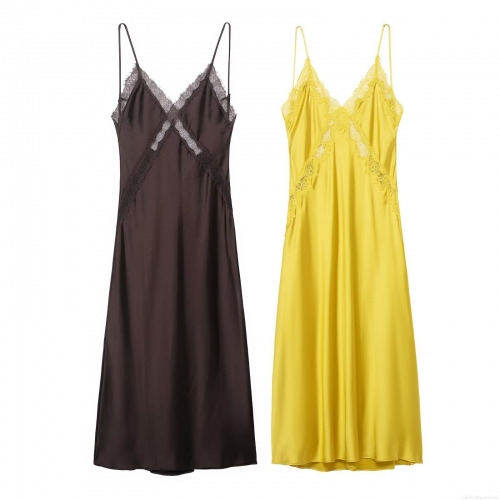 Women Elegant Lace Stitching Satin Mini Dress Sexy V-Neck Spaghetti Strap Backless Slip Dress Sleeveless Silk Like Party Cocktail Evening Dress