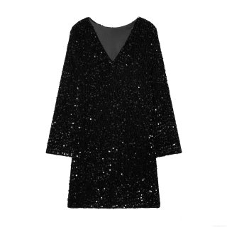 Sexy Deep V Neck Sequin Mini Dress For Women Elegant Long Sleeve Bodycon Party Club Night Out Polyester Sequin Glistening Short Dress