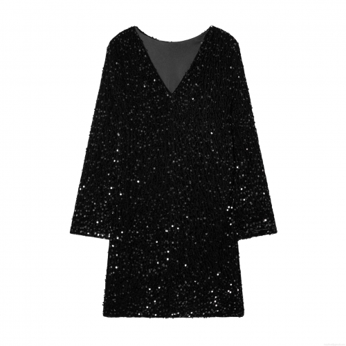 Sexy Deep V Neck Sequin Mini Dress For Women Elegant Long Sleeve Bodycon Party Club Night Out Polyester Sequin Glistening Short Dress
