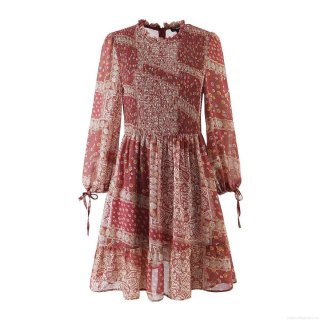 Women's Bohemian Elegant Floral Print Mini Dress Elastic Polyester Smocked Waist Ruffle Hem Long Lantern Sleeve With Cuff Ties Paisley Printed A-Line Short Dress