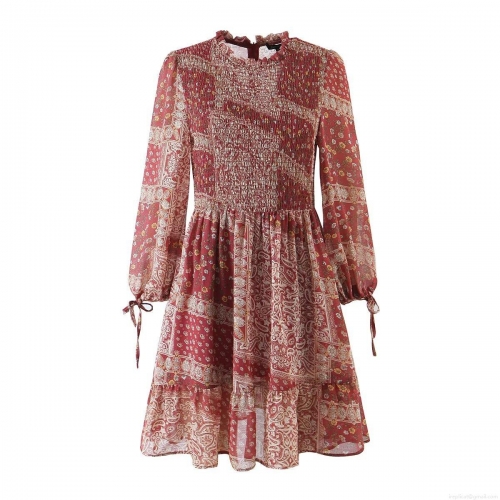 Women's Bohemian Elegant Floral Print Mini Dress Elastic Polyester Smocked Waist Ruffle Hem Long Lantern Sleeve With Cuff Ties Paisley Printed A-Line Short Dress