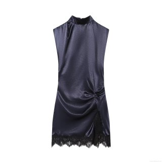 Women's Elegant Satin Lace Patchwork Mini Dress Sexy Mock Neck Sleeveless Ruched Cocktail Party Bodycon Dress Slim Fit Evening Gown For Women