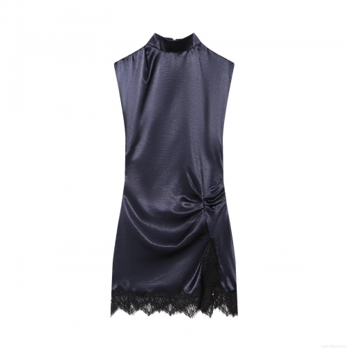 Women's Elegant Satin Lace Patchwork Mini Dress Sexy Mock Neck Sleeveless Ruched Cocktail Party Bodycon Dress Slim Fit Evening Gown For Women