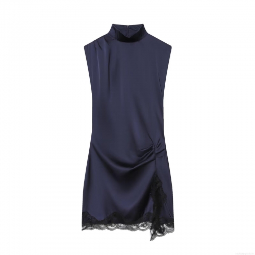 Elegant Satin Mini Dress With Lace Hem Mock Neck Sleeveless Bodycon Ruched Party Dress For Women Night Out Evening Dress