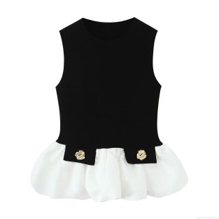 Women Sexy Sweet Color Block Mini Dress Sleeveless Round Neck Slim Fit Ruffle Hem Dress With Gold Rose Buttons Party Daily Polyester Spandex Sundress