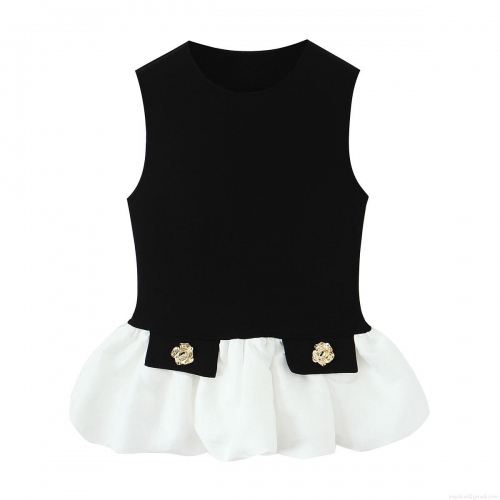 Women Sexy Sweet Color Block Mini Dress Sleeveless Round Neck Slim Fit Ruffle Hem Dress With Gold Rose Buttons Party Daily Polyester Spandex Sundress