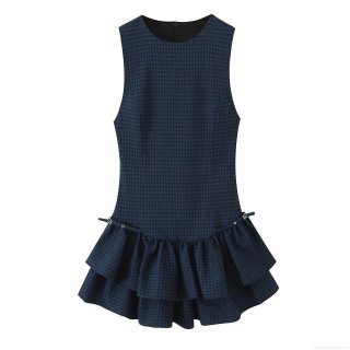 Women Sweet Preppy Plaid Sleeveless Mini Dress Polyester Spandex Tiered Ruffle Hem Round Neck Dress With Metal Buckle For Autumn Party