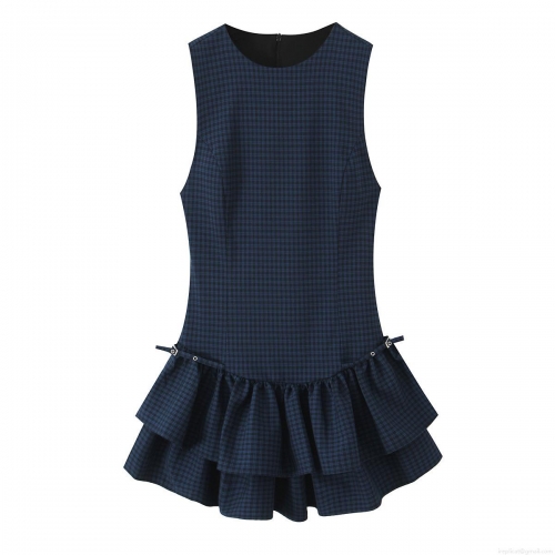 Women Sweet Preppy Plaid Sleeveless Mini Dress Polyester Spandex Tiered Ruffle Hem Round Neck Dress With Metal Buckle For Autumn Party