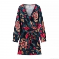 Women's Elegant Floral Print Wrap Mini Dress Deep V Neck Long Sleeve Slim Fit Polyester Spandex Vintage Style Party A-Line Short Dress