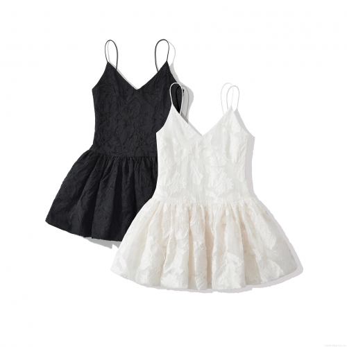 Women V Neck Jacquard Texture Backless Spaghetti Strap Mini Dress Elegant Nylon Polyester A-Line Pompom Flare Short Party Dress For Ladies