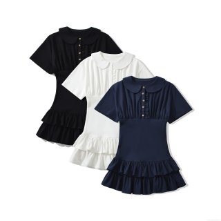 Women Sweet Peter Pan Collar Mini Dress Cotton Spandex Short Sleeve Ruffle Hem Decorative Buttons Pleated Retro Elegant Casual Summer Party Daily Wear