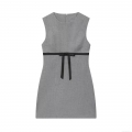 Women's Elegant Gray Sleeveless Mini Dress with Black Satin Bow Belt Trim Round Neck Slim Fit A-Line Suiting TR Fabric Dress for Work Daily Wear Party