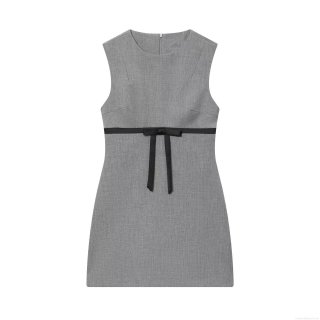 Women's Elegant Gray Sleeveless Mini Dress with Black Satin Bow Belt Trim Round Neck Slim Fit A-Line Suiting TR Fabric Dress for Work Daily Wear Party