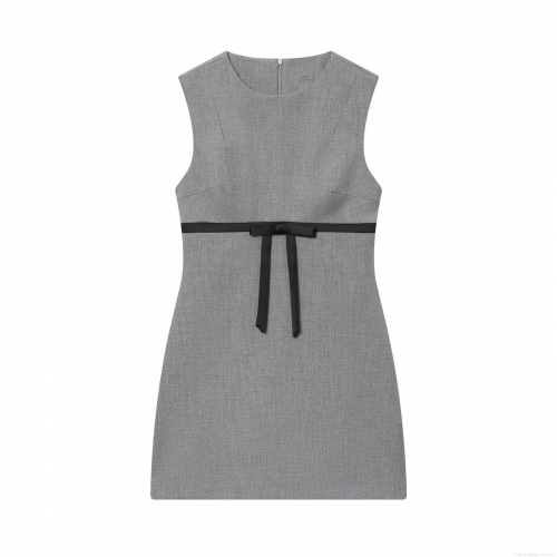 Women's Elegant Gray Sleeveless Mini Dress with Black Satin Bow Belt Trim Round Neck Slim Fit A-Line Suiting TR Fabric Dress for Work Daily Wear Party
