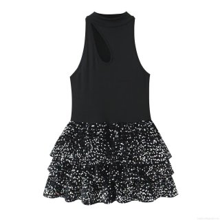 Women Sexy Sequin Patchwork Mini Dress Sleeveless Cutout Halter Neck Tiered Cake Dress For Party Night Out Club Cocktail Evening Slim Fit