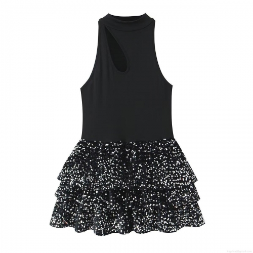 Women Sexy Sequin Patchwork Mini Dress Sleeveless Cutout Halter Neck Tiered Cake Dress For Party Night Out Club Cocktail Evening Slim Fit