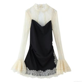 Women's Elegant Lace Patchwork Flare Sleeve Dress Stand Collar Hollow Out Back Satin Mini Party Dress For Banquet Dating Celebrity Style